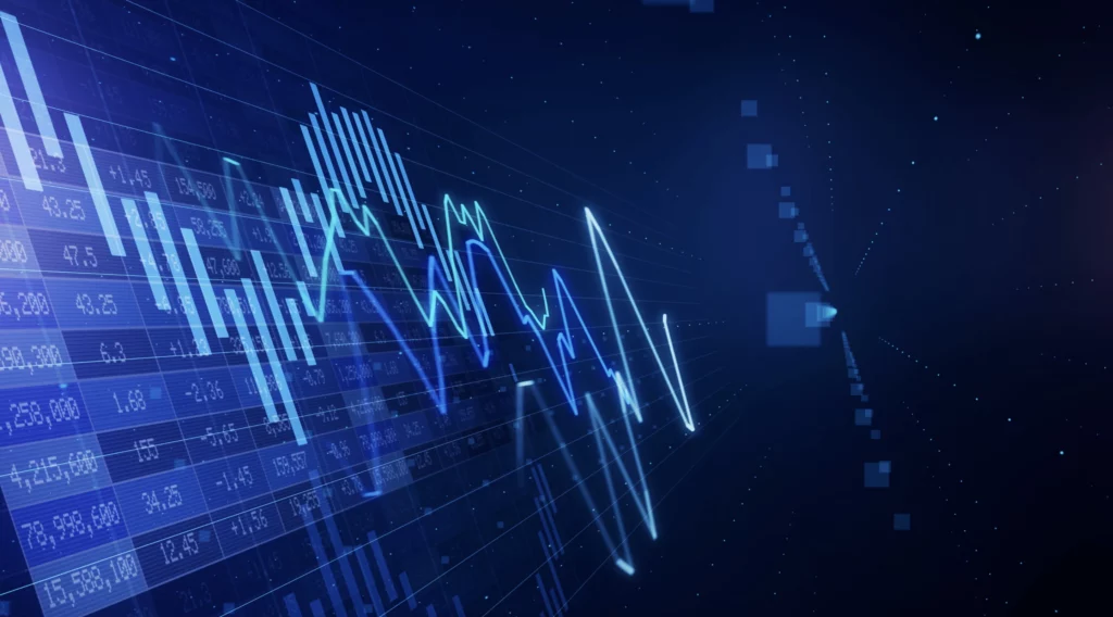 A futuristic digital stock market chart with fluctuating graphs and financial data in blue tones.